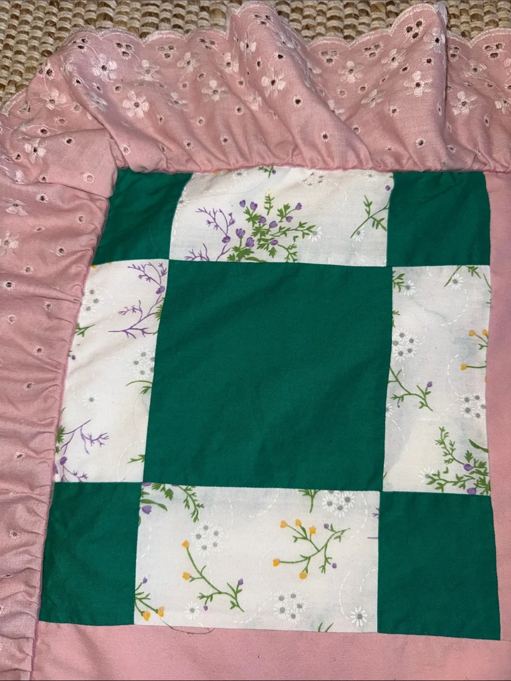 Handmade Pink Patchwork Quilted Pillowcase with Floral Accents
